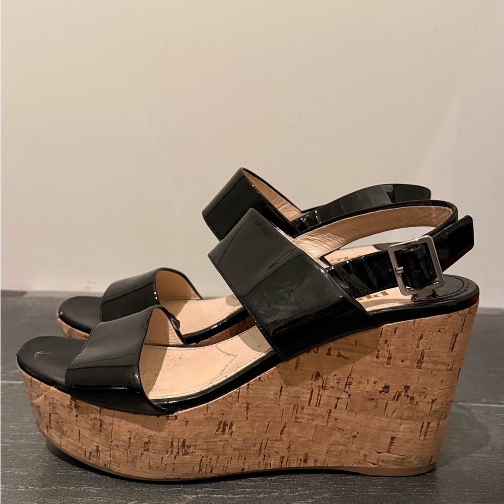 Prada Black Patent Leather Cork Wedges